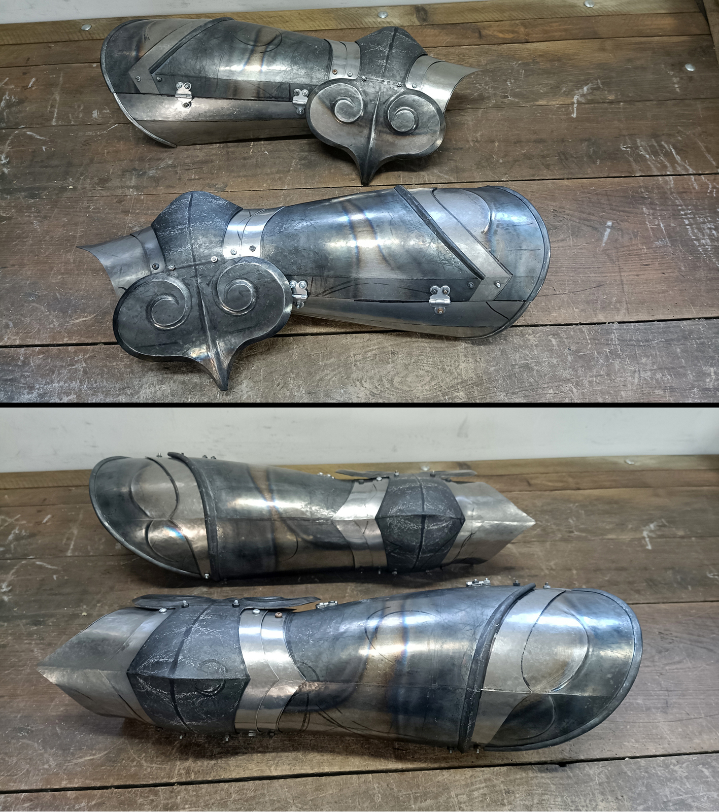 Leg harness in Kastenbrust style, circa 1470. Made of medium carbon steel and spring steel from 1,5; 1,2 mm and 1 mm thickness. Heat hardened and tempered up to 42 HRC. / Bigwanty pytowe w stylu Kastenbrust, datowanie okoo 1470 rok. Wykonane w caoci ze stali redniowglowej i sprynowej o grubociach 1,5 mm; 1,2 mm i 1 mm. Nakolanniki posiadaj charakterystyczny szpiczasty ksztat. Wszystkie elementy hartowane i odpuszczane do 42 HRC. 